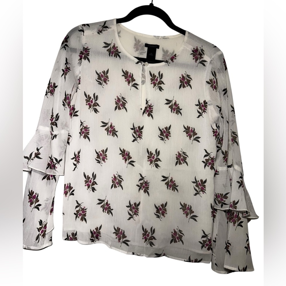 Ann Taylor White and Purple Floral Ruffle Blouse